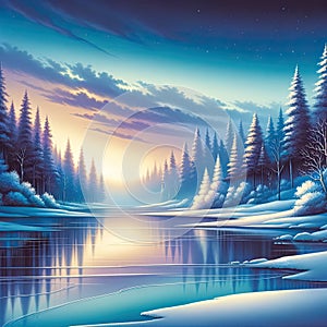 Winter Landscape at Dusk, AI generated