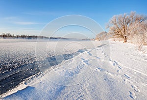 Winter landscape in the early morning overlooking the banks of the Volga River.