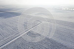 Winter landscape. Empty agricultural fields and trees covered with snow.