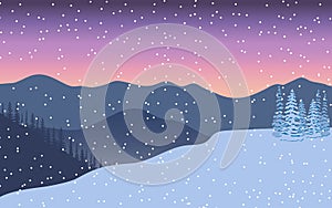 Winter landscape. Evening twilight, distant mountains, decorated illuminated x-mas tree, gift, snow flurry,