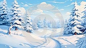 Winter landscape with fair trees under the snow. Scenery for the tourists. Christmas holidays. Trampled path in the snowdrifts