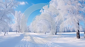 Winter landscape with fair trees under the snow. Scenery for the tourists. Christmas holidays. Trampled path in the snowdrifts