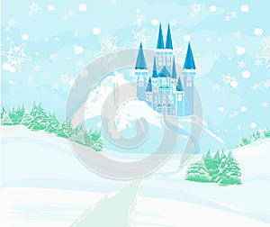 Winter landscape with fairytale castle on the hill