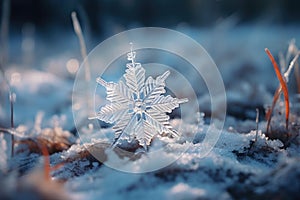 Winter landscape with a fairytale snowflake on a snowy meadow.