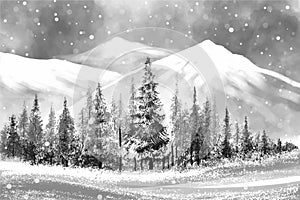 Winter landscape with falling christmas snow and tree holiday card background