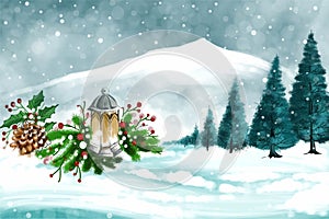 Winter landscape with falling christmas snow and tree holiday card background