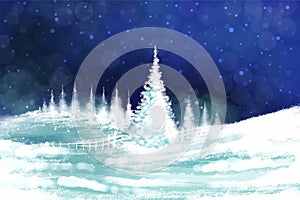 Winter landscape with falling christmas snow and tree holiday card background