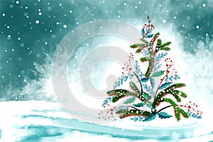 Winter landscape with falling christmas snow and tree holiday card background