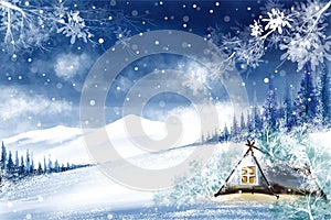 Winter landscape with falling christmas snow and tree holiday card background