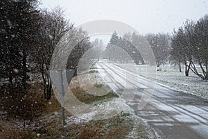 Winter landscape, falling snow. Photo taken from the bus window. Soft focus. cloudy day in December in Estonia.