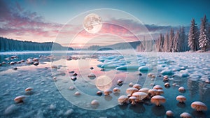 Winter landscape featuring a crystal-clear frozen lake surrounded by colossal and Full moon on beautiful sky