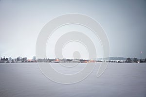 Winter landscape in the fields with lots of snow in the night, white snowy winter landscape countryside at night