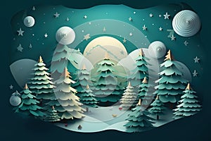 Winter landscape with fir trees and moon. Paper art style. Vector illustration. Generative AI