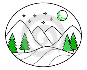 Winter landscape with fir trees, moon and star