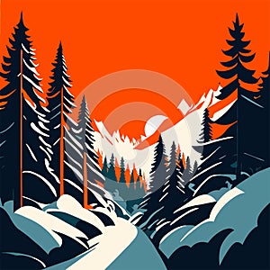Winter landscape with fir trees and mountains. Vector illustration in flat style Generative AI