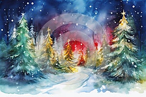 Winter landscape with fir trees in snow mountain in watercolor style. Generative AI