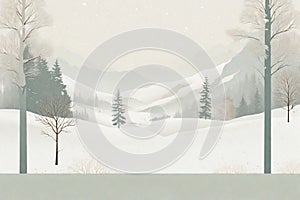 Winter landscape with fir trees and snowfall. Digital painting illustration