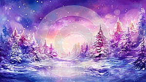 Winter landscape with fir trees and snowflakes illustration. Selective focus