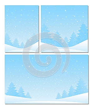 Winter landscape in a flat style. Set of New Year greeting cards with place for your text. Horizontal, vertical and