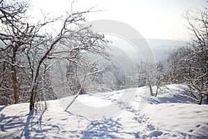 Winter landscape with footsteps.