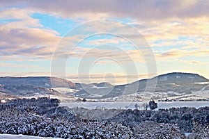 Winter landscape, forest and mountains in the snow