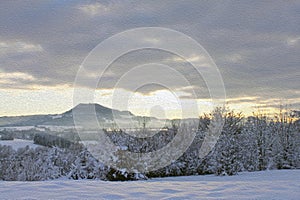 Winter landscape, forest and mountains in the snow