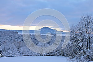 Winter landscape, forest and mountains in the snow