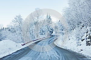 Winter landscape, Winter road and trees covered with snow