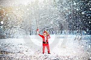 Winter landscape of forest and snow with santa claus. Merry Christmas and Happy New Year concept. Santa Claus pulling