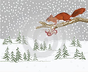 Winter landscape forest with snow and squirrel on an old tree natural rodent christmas theme natural background vintage vector ill