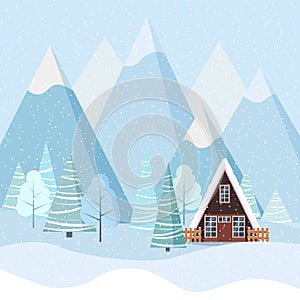 Winter landscape with a-frame country house, winter trees, spruces, mountains, snow