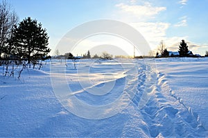 Winter landscape on frosty sunny morning. Snow-covered path with fresh footprints leads to houses in background.