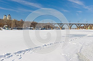 Winter landscape with frozen Dnepr river in Ukraine