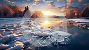 Winter landscape frozen forest, tranquil pond, icy reflection, serene sunset generated by AI