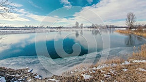 Winter landscape, frozen lake, blue sky