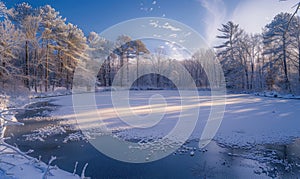 A winter landscape with a frozen lake and snow-covered forest