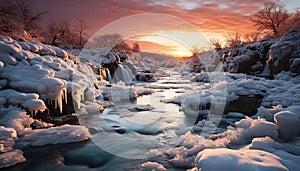 Winter landscape frozen mountain, flowing water, tranquil scene, melting ice generated by AI