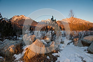 Zimná krajina zamrznutého horského jazera za mrazivého slnečného dňa. Lokalita Štrbské pleso, Vysoké Tatry, Slovensko