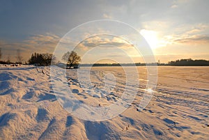 Winter landscape with frozen river covered with snow. Beautiful pink winter sunset illuminates drifts. Eco tourism