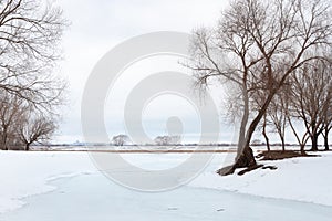 A winter landscape of a frozen river going to the pespective far away. Leafless trees are on the sides of the frame and in the