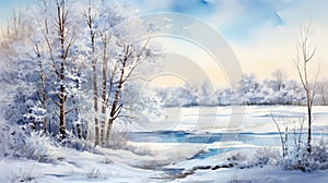 Winter landscape with frozen river and trees in the snow. illustration. Generative AI