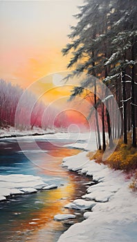 Winter landscape with frozen river, trees and sunset