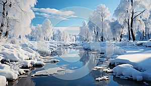 Winter landscape frozen tree, icy pond, tranquil beauty generated by AI