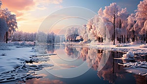 Winter landscape frozen tree, snow covered forest, tranquil sunset reflection generated by AI