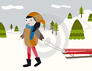 Winter landscape with girl and sled