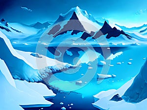 Winter landscape with glaciers. Beautiful winter snow background. Antarctica landscape and view. Arctic illustration with snow