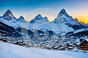 Winter landscape in Grindelwald at sunset, behind the Mittelhorn and Wetterhorn, in the Bernese Oberland -