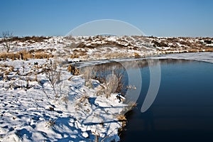 winter landscape with half frozen pond.