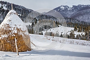 Winter landscape, a haystack on the background of snow-capped mountains and forest