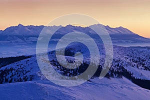 Winter landscape of High Tatra Mountains on Small cold valley after fresh snowfall. High Tatras, Slovakia Windy and cold weather.